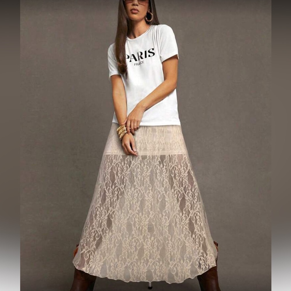 Elegant Cream Lace Overlay Skirt